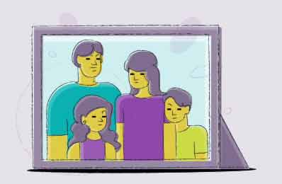 Ilustração de um quadro com uma família compostar por um homem, uma mulher e um casal de filhos.